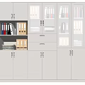 Modern Light Gray Bookcase With Glass Doors Drawers File Folders And Books
