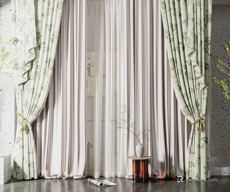 Light Green Floral Curtains Tied Back With Sheer Layer And Green Plant Decor 3d model 