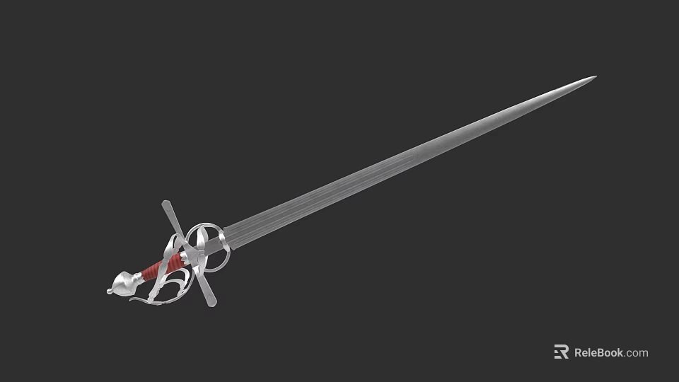 Long Blade Medieval Sword With Red And Silver Hilt Cross Guard Isolated On Dark Background 3d model 