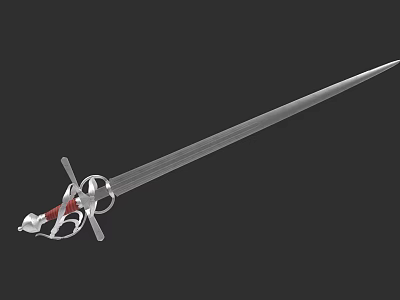 Long Blade Medieval Sword With Red And Silver Hilt Cross Guard Isolated On Dark Background 3d model