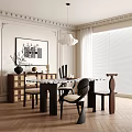 French Retro Restaurant Dining Table and Chair Combination Sideboard Side Cabinet Hanging Painting Chandelier 3d model
