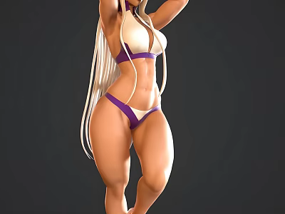 Game Movie Character with Long White Hair Purple Bikini Muscular Physique and Raised Arms Pose 3d model