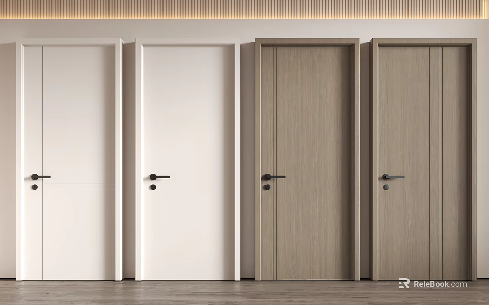 Modern Swing Doors In White And Wood Finish With Simple Panel Design Details 3d model 