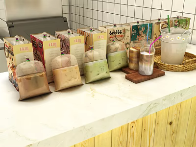 Various Colored Boxed Drinks With Transparent Cup And Straw On Kitchen Countertop 3d model
