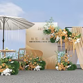 Elegant Floral Installation With Orange White Flowers Circular Board Columns And Tree