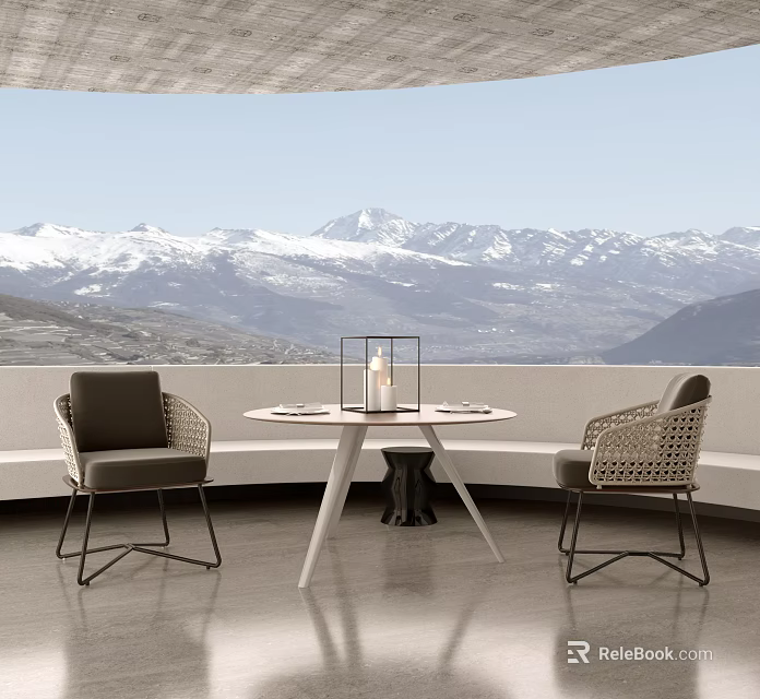 Round White Outdoor Table with Two Chairs Mountain View Blue Sky Lantern Centerpiece 3d model 