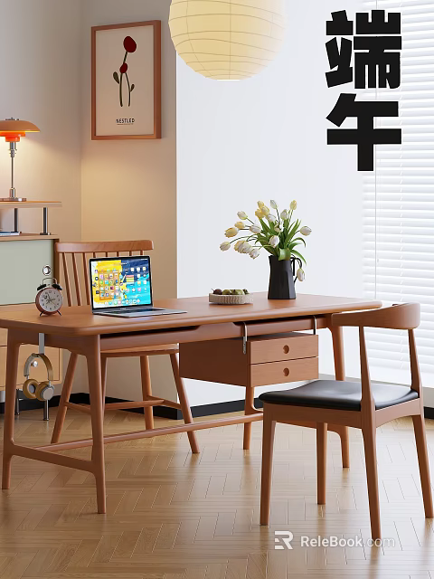 Cozy Wooden Desk With Laptop Vase White Tulips Alarm Clock Two Chairs Lamp Window Blinds 3d model 