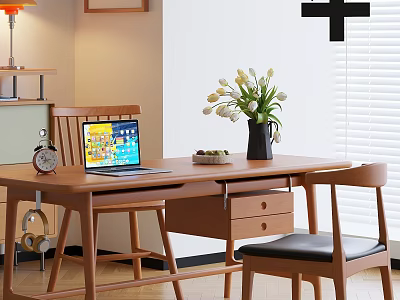 Cozy Wooden Desk With Laptop Vase White Tulips Alarm Clock Two Chairs Lamp Window Blinds 3d model