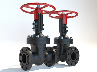 Two Black Metal Gate Valves Featuring Red Handwheels And Flange Ends Design 3d model