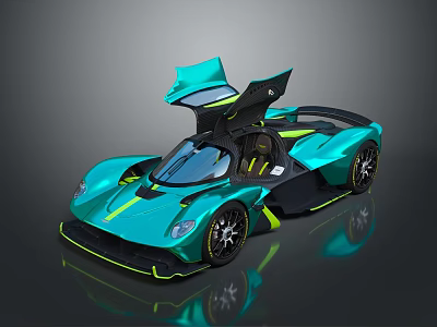Teal Supercar With Open Scissor Doors And Neon Green Accents On Reflective Surface 3d model