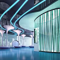 Modern Interior Design Featuring Curved Structures Blue Lighting Green Curtain Decor And Smooth Floor