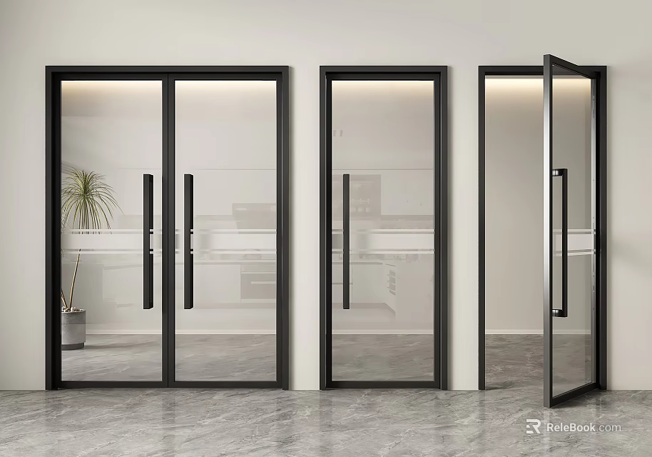 Modern Glass Double Doors With Black Frames In Interior Kitchen View And Plant 3d model 