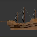 Wooden Model Sailing Ship With White Sails Multiple Masts Deck Details And Dark Background Reflections