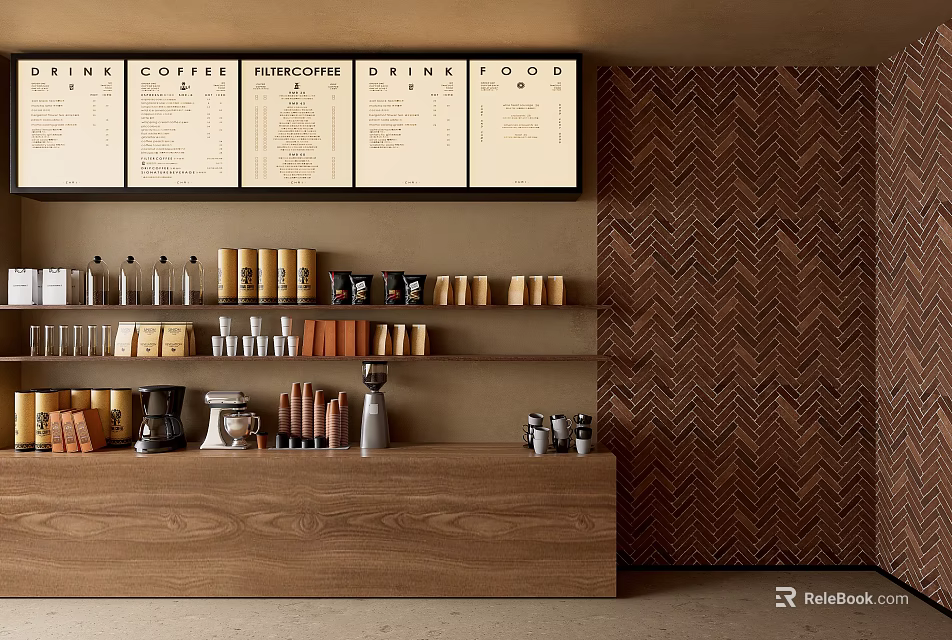 Warm Coffee Shop Interior With Menu Boards Wooden Counter Coffee Equipment And Herringbone Wood Wall 3d model 