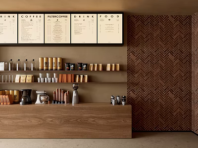 Warm Coffee Shop Interior With Menu Boards Wooden Counter Coffee Equipment And Herringbone Wood Wall 3d model