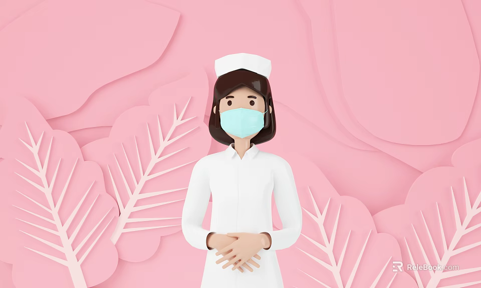 Game Movie Nurse Character in White Uniform With Cap Mask and Pink Paper Art Leaves 3d model 
