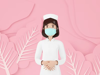 Game Movie Nurse Character in White Uniform With Cap Mask and Pink Paper Art Leaves 3d model