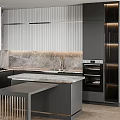Modern Kitchen With Black Cabinets Marble Countertop Island Lighting And Appliances