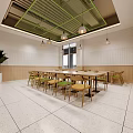 Modern Open Restaurant Interior With Yellow Green Pendant Lights Wooden Tables And Chairs Glass Dividers