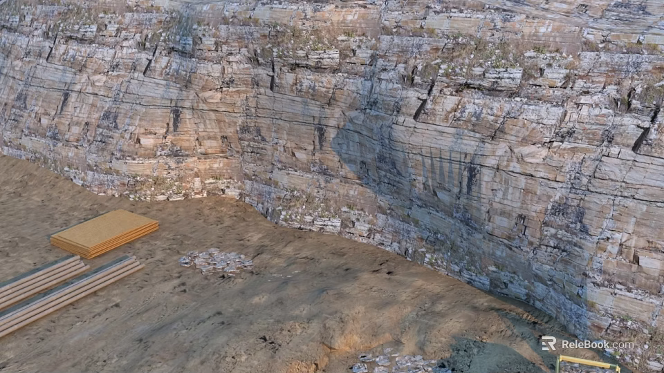 Steep Rock Cliff With Natural Textures And Sandy Ground Featuring Wooden Planks 3d model 