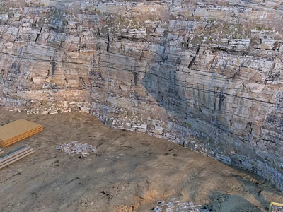 Steep Rock Cliff With Natural Textures And Sandy Ground Featuring Wooden Planks 3d model