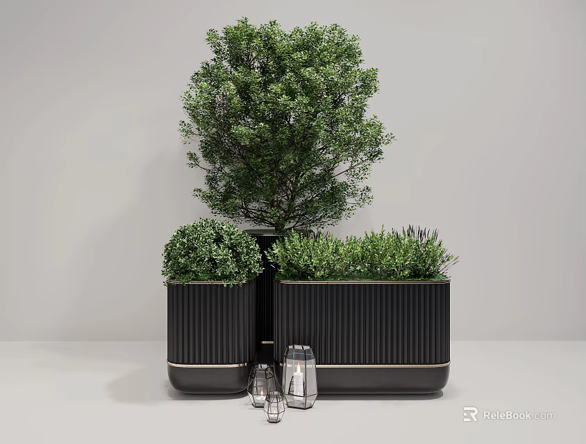 Modern Plant Arrangement with Black Striped Planters and Tall Short Greenery 3d model 