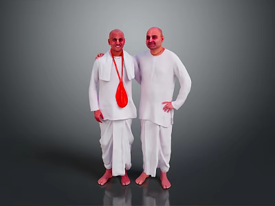 Two Men Dressed In White Clothing Standing Together With Red Bag Against Gray Background 3d model