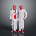 Two Men Dressed In White Clothing Standing Together With Red Bag Against Gray Background