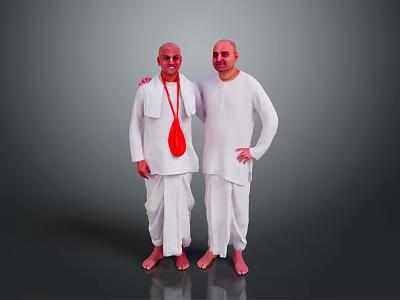 Two Men Dressed In White Clothing Standing Together With Red Bag Against Gray Background 3d model