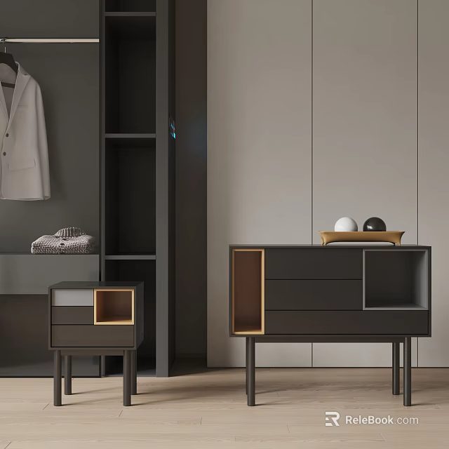 Modern Entryway Cabinet And Side Cabinet With Drawers Open Shelves And Decorative Ornaments 3d model 