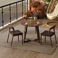 Cozy Balcony Wooden Table And Chairs Set With Flower Pots Hanging Chair And Rug
