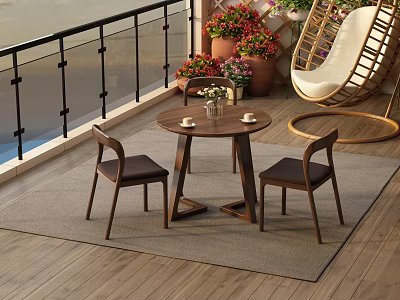Cozy Balcony Wooden Table And Chairs Set With Flower Pots Hanging Chair And Rug 3d model