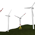 Efficient Commercial Wind Turbine Equipment On Green Hills With Blue Sky And White Clouds