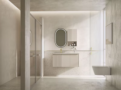 Modern Bathroom Interior With Round Mirror Vanity Glass Shower And Light Colored Walls 3d model