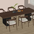 Modern Wooden Dining Table Set With Six Chairs Beige Cushions Green Plant Oranges Bright Room
