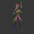 Game Movie Character With Orange White Costume Hat Holding Gun Blue Boots and Armored Design
