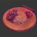 Fragrant Yellow Rice with Curry Chicken Green Sauce Red Peppers and Lemon on Wooden Platter