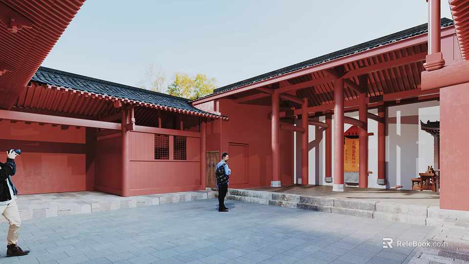 Ancient Traditional Architecture With Red Walls Black Tiled Roof Red Pillars And Courtyard 3d model 