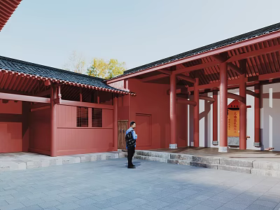 Ancient Traditional Architecture With Red Walls Black Tiled Roof Red Pillars And Courtyard 3d model
