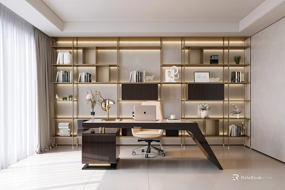 Modern Luxurious Study Room Design With Bookshelves Desk And Decor 3d model 