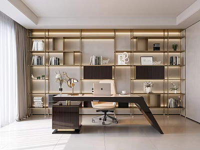 Modern Luxurious Study Room Design With Bookshelves Desk And Decor 3d model