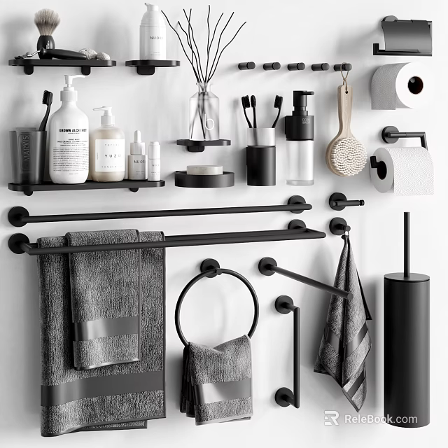 Black Modern Bathroom Accessories with Towel Racks Toilet Paper Holders Shelves for Minimalist Bathroom Organization 3d model 