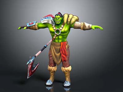 Green Skinned Orc Character Holding Axe With Decorative Outfit Red Cape Arm Bracers And Boots 3d model