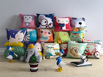 Cute Cartoon Animal Pattern Decorative Pillows with Colorful Designs for Home Living Room Decor 3d model