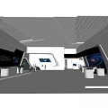 Modern Exhibition Hall White Interior With Hexagonal Ceiling LED Strip Lights And Digital Display Screens