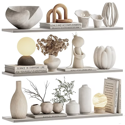 Minimalist Modern Decorative Ornament Set With White Ceramic Vases Sculptures And Dried Flowers On Shelves 3d model