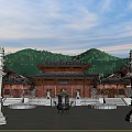 Ancient Chinese Architecture In Courtyard With Stone Pillars Incense Burner And Mountains