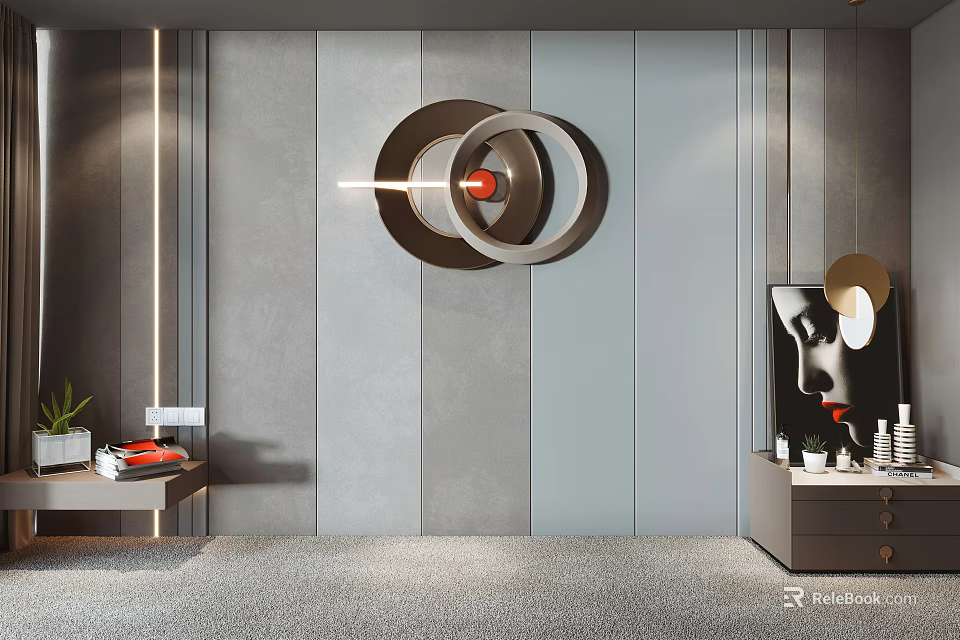 Modern Bed Background Wall With Gray Panel Circular Decor And Ambient Lighting Design 3d model
