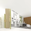 Modern Open Office Space With White Green Walls Bookshelves Round Stools And Carpet
