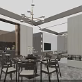 Modern Dining Living Room Interior With Round Table Chairs Chandelier and Sofa